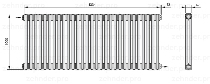 Схема (чертеж) Радиатор Zehnder Charleston 2100/29 №1670 Белый глянцевый RAL 9016